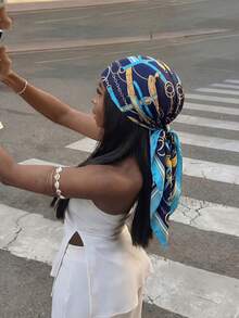1条女士复洛克风格方巾，多功能户外运动头带，适合夏季海滩，90x90厘米方形方巾，配饰，度假必备 - 藏青藍 - 查看 6