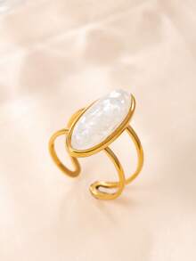 1pc 18K Gold Plated Stainless Steel Vintage Oval Cat Eye Stone Ring, Minimalist Elegant Finger Ring, High-Quality Fashion Accessory Suitable For Women's Daily Wear And Parties - Multicolor - View 4