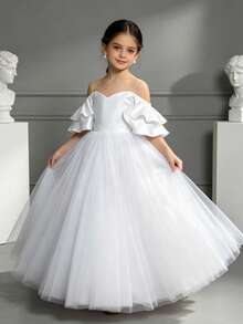 XUMPLO Kleine Mädchen Elegantes Kleid mit Schulter-Rüschen-Ärmel, großer Schleife und Mesh-Einsätzen, geeignet für Blumenmädchen, Partys, Geburtstage, Bankette, Bälle, Hochzeiten, Frühling/Sommer - Weiss - Übersicht 6