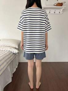 DAZY 两件套女士休闲套装，春夏款，落肩条纹衬衫和短裤，舒适家居服，适合室内/室外穿着。 - 藍白色 - 查看 8