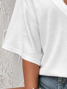 Women's High Elasticity Deep V-Neck Loose Half Sleeve T-Shirt, Basic Style Regular Length Top - White - View 5