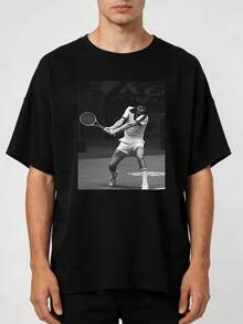 Men's Vintage Jimmy Connors Tennis Shirt | Retro Black Graphic Tennis Shirt, Athletic Fit, Casual Shirt For Tennis Fans And Vintage Sportswear Collectors, Crew Neck, Short Sleeve, Slightly Stretchy Fabric - 黑色 - 查看 1
