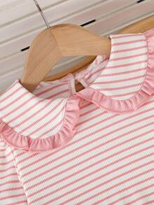 Young Girls Back To School Outfit Set: Striped Ruffle Peter Pan Collar Long Sleeve Top + Bow Decor Solid Color Split Flare Pants - Pink - View 7
