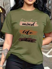 The Letter Prints With Visual Expressions Of Self-Motivation, Such As "Positive Mind," "Positive Life," And "Positive Vibes," Are Modern And Fashionable. This Simple And Versatile Women's Short-Sleeved T-Shirt With A Round Neck Is Suitable For Leisure, Travel, Vacations, And Other Activities. 2CBJ - 綠色 - 查看 2
