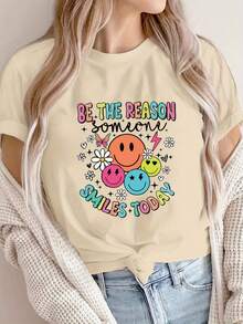 Women's Casual Short Sleeve T-Shirt - Happy  Face Print And Inspirational Lettering, Comfortable Crew Neck, Versatile All-Season Top, Loose Fit, Breathable Fashion T-Shirt, Printed T-Shirt, A Must-Have For Fashion Enthusiasts. ZOIH - 杏色 - 查看 1