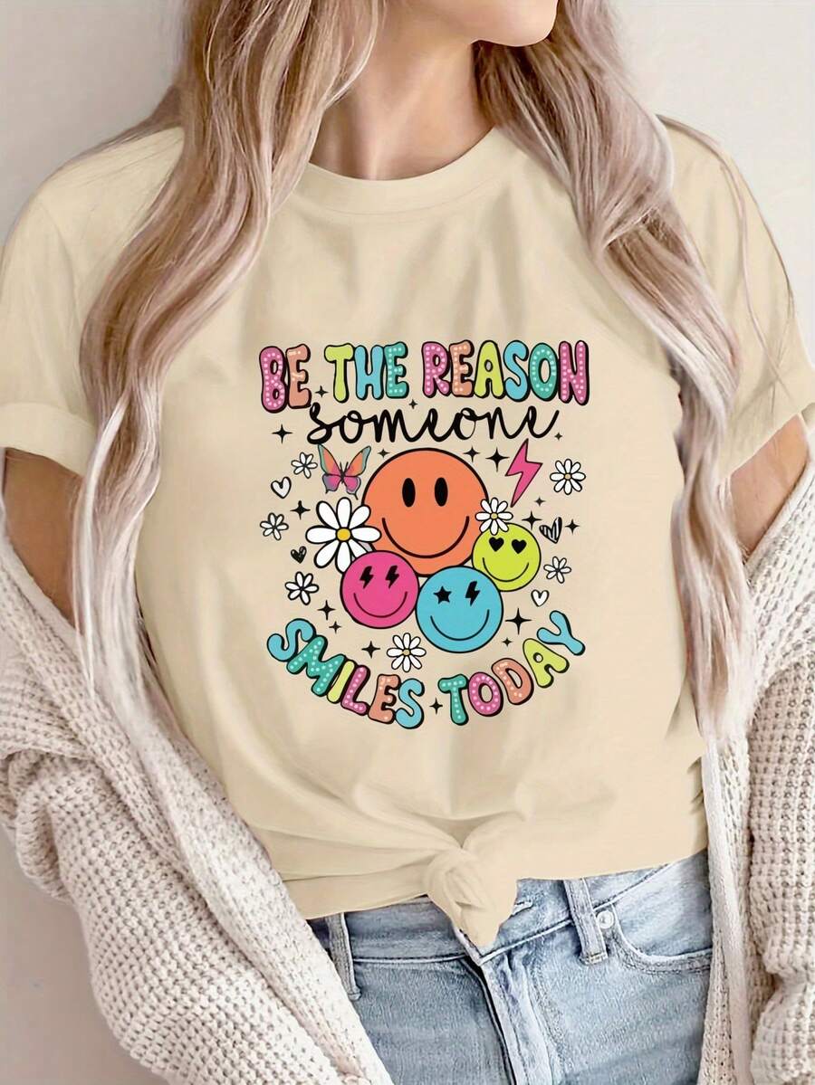 Women's Casual Short Sleeve T-Shirt - Happy Face Print And Inspirational Lettering, Comfortable Crew Neck, Versatile All-Season Top, Loose Fit, Breathable Fashion T-Shirt, Printed T-Shirt, A Must-Have For Fashion Enthusiasts. ZOIH - 杏色 - 查看 1