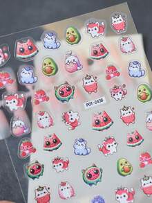 1pc Fruit Cat Nail Stickers, Self-Adhesive One-Time Embossed Nail Art Decals, Cute Soft Design Nail Stickers Suitable For Daily & Date, Adorable Pattern Easy To Apply & Durable - Multicolor - View 4