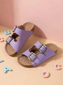 1 Pasang Sandal Anak Ungu Modis, Sandal Sol Lembut Baru, Sandal Warna-warni Blok, Cocok untuk Santai, Liburan, Pesta, Sandal Gesper Logam Jahitan Bergaya - Purple - View 1