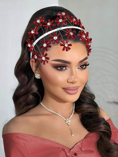 1pc Elegant Women's Headpiece, Red/Black Crystal Headband, Fashion Headband, Bridal Headpiece, Wedding Party Photography Prom Performance Hair Accessory, Decorative Hairpiece, Women Accessory