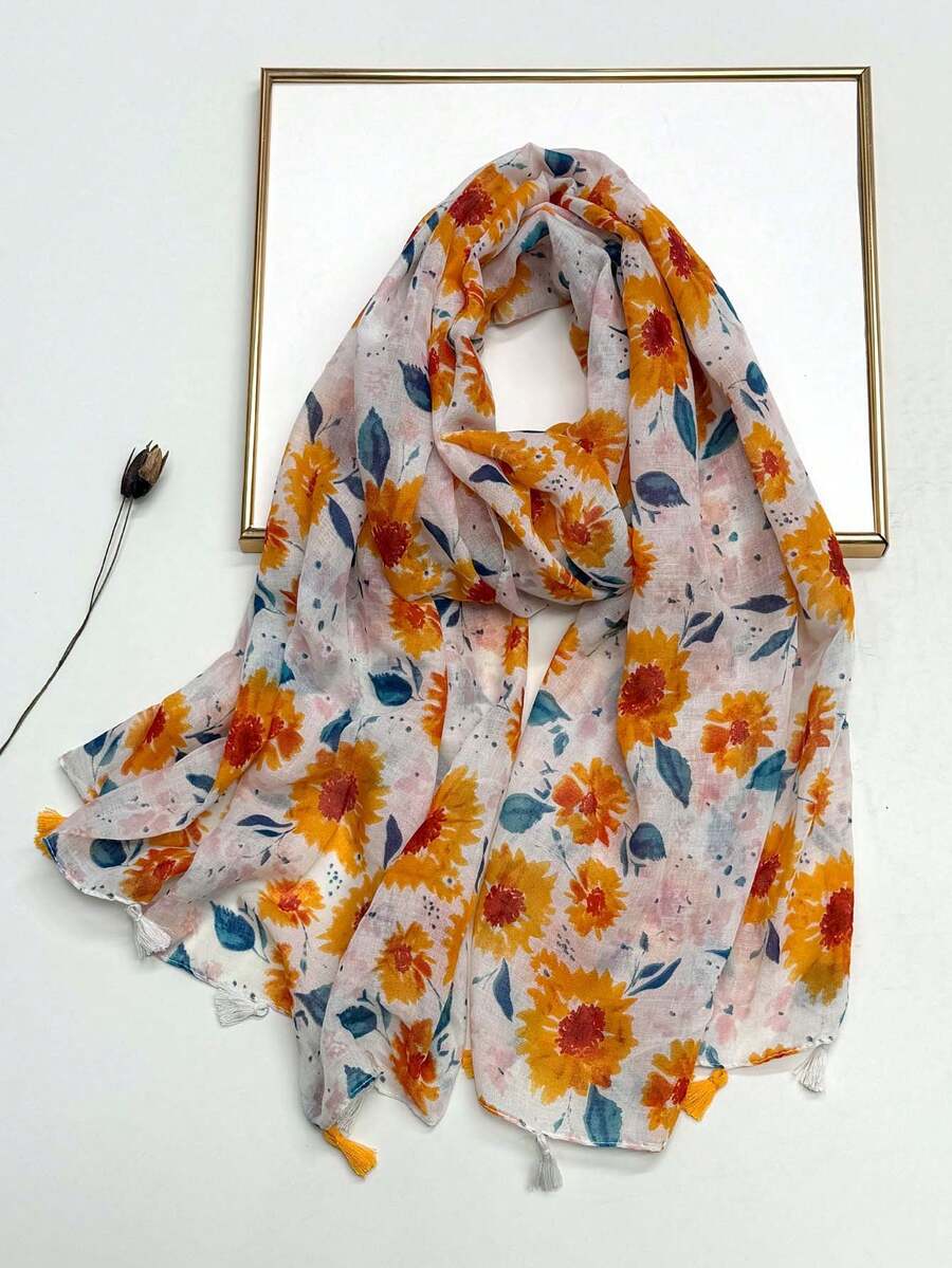 1pc Simple Printed Women's Scarf, Fashionable New Style Sun Protection Beach Scarf, Silk-LikeLinen Feel Shawl For Women - Orange - View 1