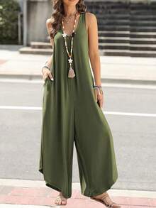 Jumpsuit With Back Straps And Irregular Trousers - Olive Green - View 5