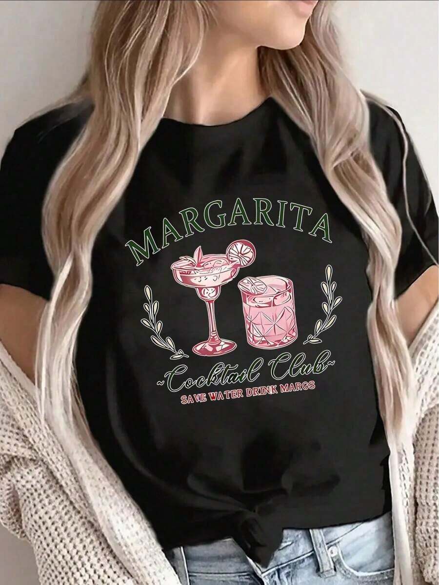 Black Short-Sleeved T-Shirt With A Regular Fit, Decorated With A Daisy Design. Lightweight And Suitable For Casual Wear At Home Or In Restaurants, With A Fun Pink And Green Print. A Great Summer Gift Idea. - 黑色 - 查看 1