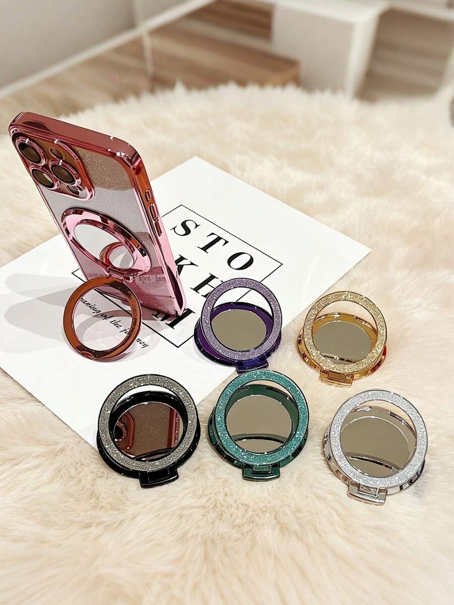 Shiny Sequin Phone Ring Holder, Hidden Makeup Mirror Design, Strong Adhesive Adjustable Phone Stand, Universal Hands-Free Phone Holder, Cute Sparkling Phone Decoration, Suitable For Women And Girls, Glittering Foldable Small Mirror, Portable Phone Case Accessory, Slouchy Makeup Mirror Stand Desktop Viewing Tool