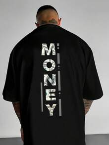 A Men's Crew Neck T-Shirt With The Slogan "MONEY" Printed On It, Made From Breathable Fiber, With A Loose Fit And Slightly Dropped Shoulders. - 黑色 - 查看 1