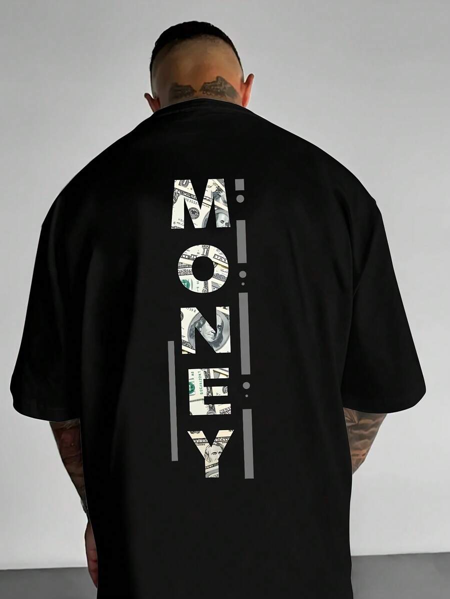 A Men's Crew Neck T-Shirt With The Slogan "MONEY" Printed On It, Made From Breathable Fiber, With A Loose Fit And Slightly Dropped Shoulders. - 黑色 - 查看 1