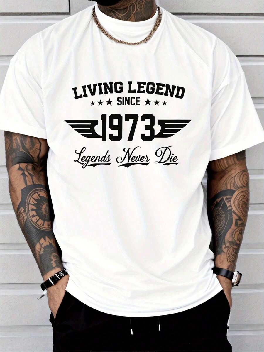 Men's Classic Crew Neck T-Shirt, Summer Casual Fashion, Urban Style, "Living Since 1973" Print With Wings, Stars And "Legends Never Die" Lettering, Adult Casual Clothing - 白色 - 查看 1