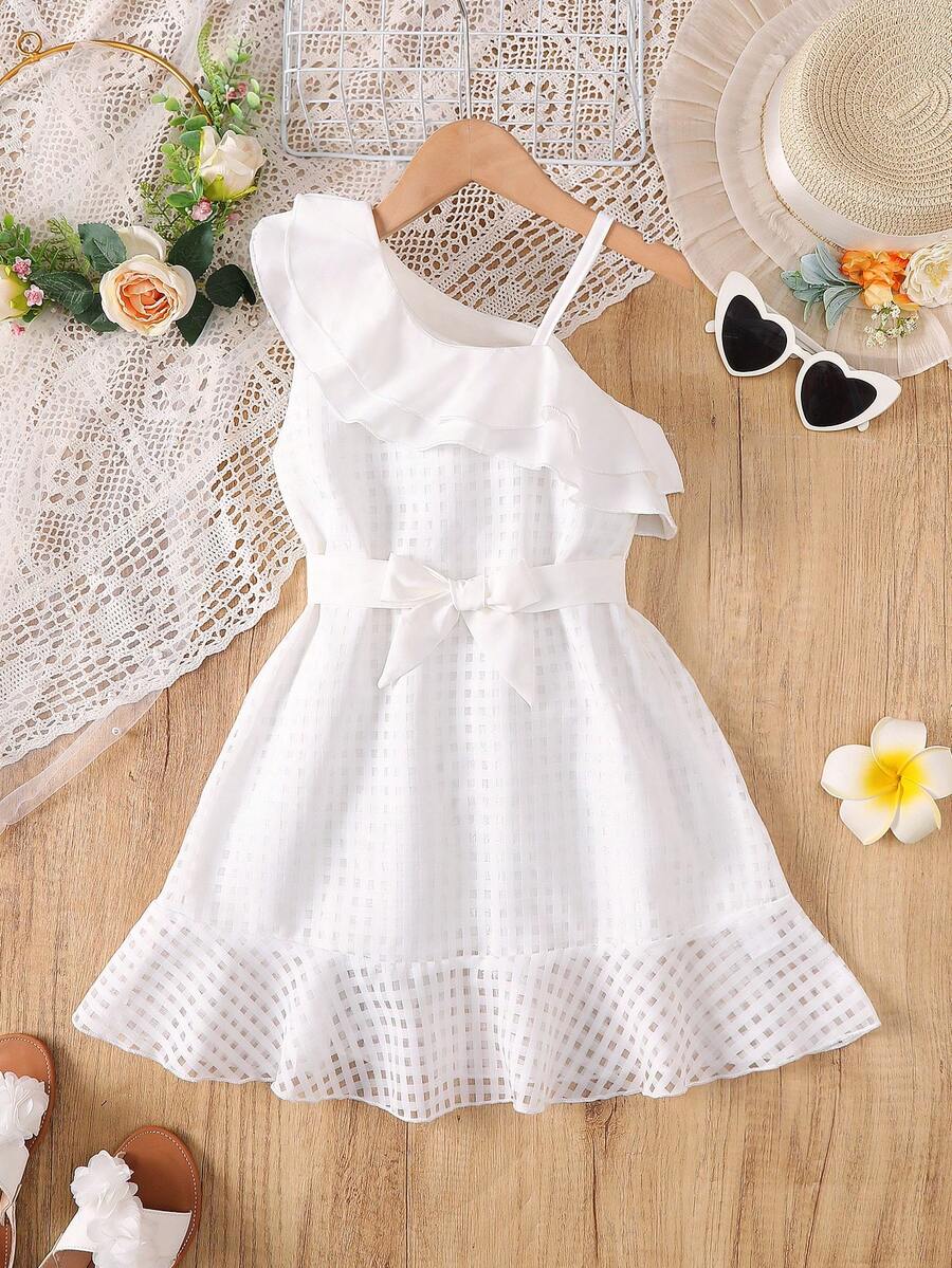 Girls' Casual Elegant Tie-Up Dress, Suitable For Summer Outdoor Party - White - View 1