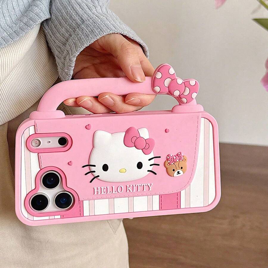SANRIO 手提包 1 件装 新款创意设计托特包 兼容苹果 17、17 Pro、17 PM、16、16 Pro、16 PM、15、15 Pro、15 PM、14 Pro Max、14 Pro、14、13 Pro Max、13 Pro,可爱 Hello Kitty 蝴蝶结硅胶软壳,时尚卡通少女手机保护套,理想的夏季生日礼物,送给女朋友或闺蜜 - 彩色 - 查看 1