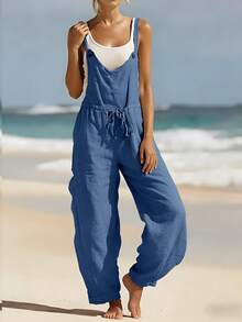 Women's Summer Jumpsuit, Spring/Summer Ladies' Romper, Suitable For Vacation/Casual/Home/Daily Wear, Solid Color Button Waist Drawstring Design Ladies' Bib Pants, Women's Vacation Outfit - Blue - View 4