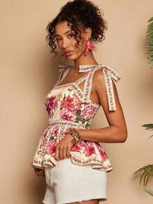Parte superior de tirantes con estampado floral para mujer, conjunto casual de vacaciones, para verano, vacaciones de primavera, fiesta, playa, primavera, Día de San Valentín, Carnaval, elegante, floral, Carnaval, de primavera a verano, fiesta, parte superior de verano, parte superior del Día de San Valentín, parte superior para invitada de boda, parte superior de cumpleaños, parte superior de fiesta, parte superior elegante para mujer, parte superior floral, parte superior de verano, disfraz de Carnaval, parte superior de estilo mexicano bohemio para mujer - Multicolor - Ver 6