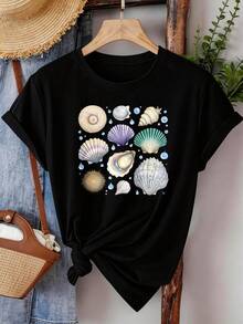1 Piece Of Women's Summer Top, Casual Short-Sleeved T-Shirt, Artistic Shell Print Design, Suitable For Daily Wear And Vacations, Machine Washable. | Women's Summer Tops | Women's Basic Top 180g 100% Cotton - 白色 - 查看 9