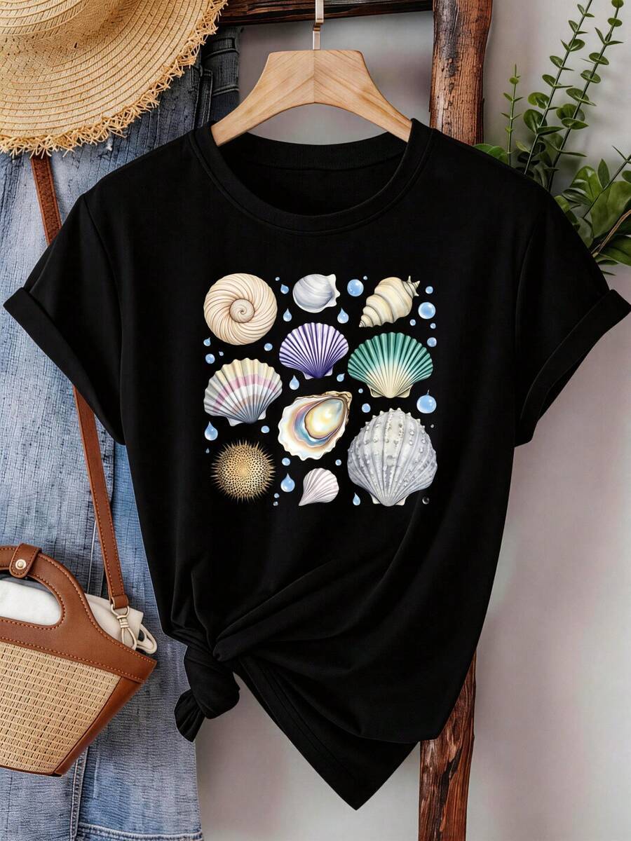 1 Piece Of Women's Summer Top, Casual Short-Sleeved T-Shirt, Artistic Shell Print Design, Suitable For Daily Wear And Vacations, Machine Washable. | Women's Summer Tops | Women's Basic Top 180g 100% Cotton - 黑色 - 查看 1