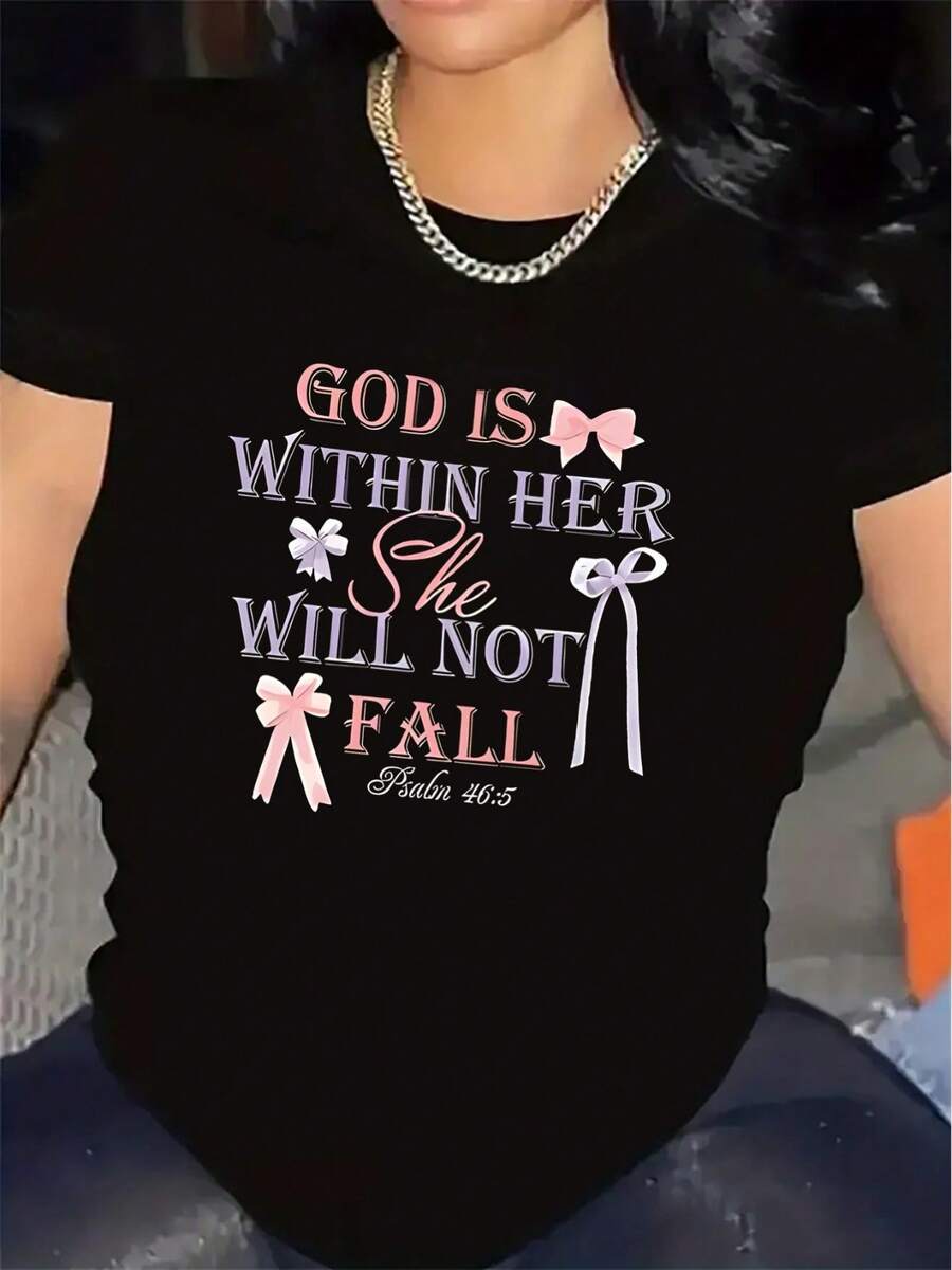 Women's Short-Sleeved T-Shirt, 100% Polyester Fiber, Lightweight And Durable, Adorned With The Inspirational Bible Verse "God Is Her Guarantee, She Will Not Be Put To Shame", Combined With A Stylish Bow Design, Suitable For Everyday Wear, At Church Or At Home. - 黑色 - 查看 1