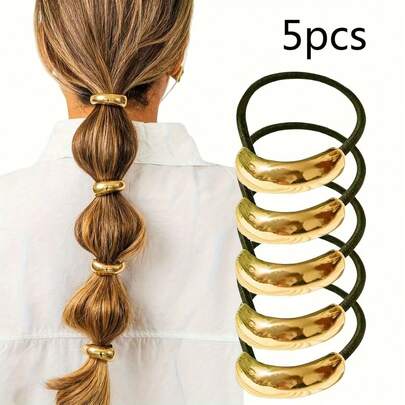 Set de 5 piezas de sujetadores de pelo minimalistas de metal, anillos de pelo de aleación, sujetadores de coleta de estilo coreano elegante de alta gama, bandas elásticas de pelo geométricas, estilo oscuro encantador, juego de anillos de pelo de metal para mujer de lujo, accesorios de pelo minimalistas, sujetadores de pelo elásticos de metal liso, anillos de pelo de moda retro, regalos del Día de San Valentín, fijadores de coleta, accesorios de pelo, bolas, bandas de goma, scrunchies, bandas elásticas para el cabello