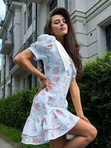 Spring/Summer Casual Style Dress With Collar, Front Buttons, Tie Back And Tie-Dye Print, For Everyday Wear, Western Style, Bohemian, Music Festivals, Vacation, Fairycore Style, Elegant For Women - Pearl White - 查看 11
