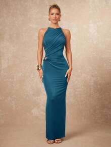 xheLumalex Vestido ajustado con cuello redondo, fruncido y decoración metálica cruzada para mujeresxhe - Agua verde azul - Ver 3