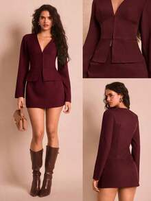 AYYSHEIN Glamour Conjunto elegante y sexy de blusa de cuello en V profundo de manga larga y falda mini, adecuado para mujeres profesionales, atuendo de negocios, otoño/inviernoAYY - Burdeos - Ver 1
