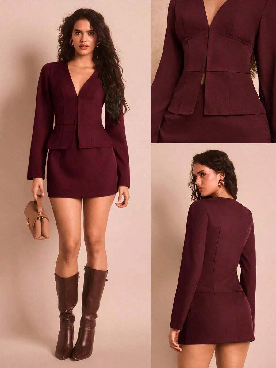 AYYSHEIN Glamour Conjunto elegante y sexy de blusa de cuello en V profundo de manga larga y falda mini, adecuado para mujeres profesionales, atuendo de negocios, otoño/inviernoAYY - Burdeos - Ver 1