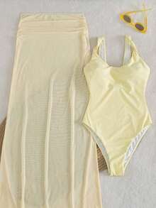 Bonvoyette Conjunto de traje de baño de 2 piezas con un bañador de un solo color con tirantes retorcidos y una falda plisada de gasa para vacaciones de primavera/verano - Amarillo claro - Ver 3