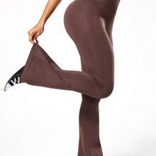 guangzhougaolangshangmao Slayform Pantalones acampanados de cintura alta de unicolor sin costuras para mujer - Negro01 - Ver 6