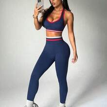 guangzhougaolangshangmao Slayform Conjunto de top de cuello halter de bloques de color y leggings ajustados para mujer, atuendo casual para actividades al aire libre - Azul marino - Ver 6
