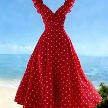 . .  Vestido largo con estampado de lunares, cuello en V, mangas con volantes, cintura plisada, espalda descubierta y lazo, estilo casual de vacaciones, primavera/verano - Rojo - Ver 1