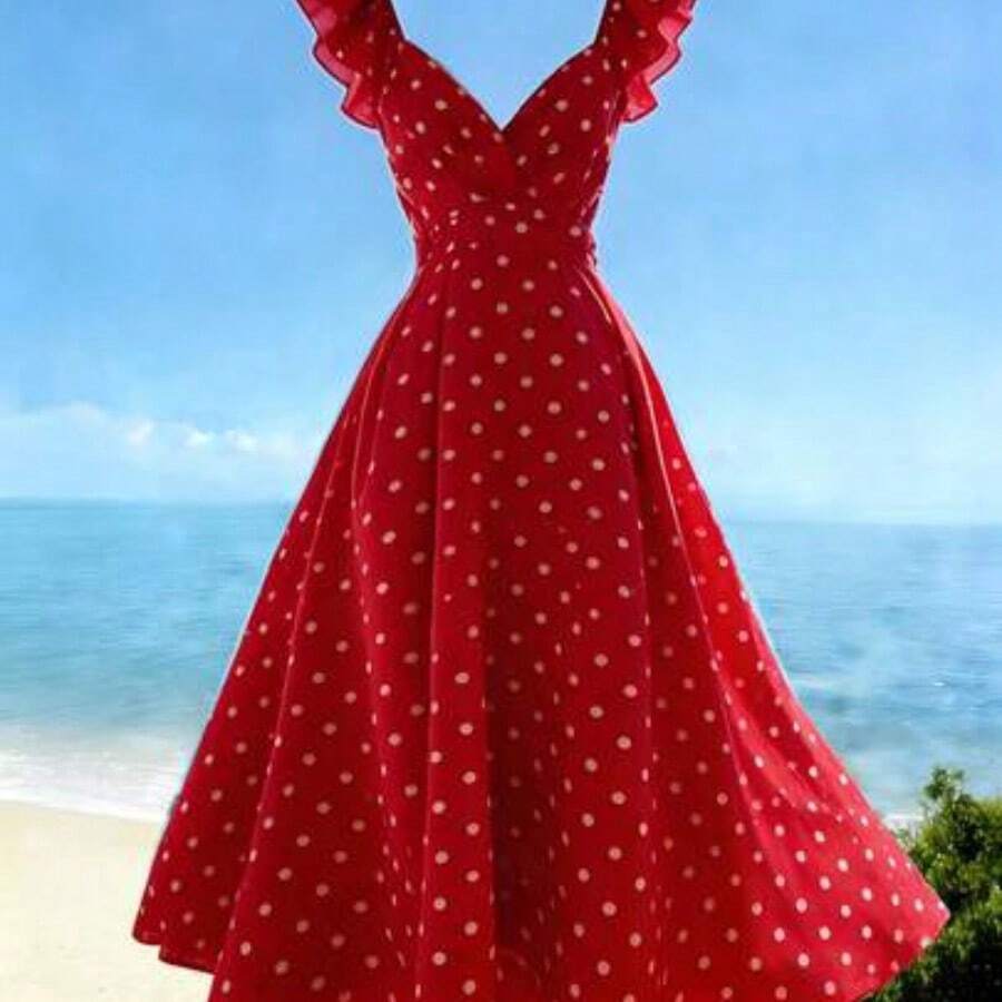 . . Vestido largo con estampado de lunares, cuello en V, mangas con volantes, cintura plisada, espalda descubierta y lazo, estilo casual de vacaciones, primavera/verano - Rojo - Ver 1