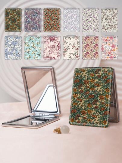 1pc Countryside British Style Floral Portable Folding Makeup Mirror, Lightweight Compact Durable PU Leather, Suitable For Travel, Party, Work, School, All Ages