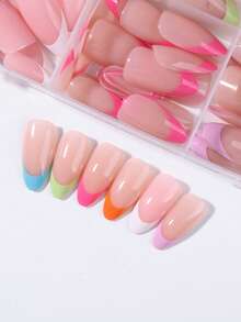 180 unidades (6 estilos sortidos) de unhas postiças em formato amêndoa, adesivos para manicure francesa em cores macaron, conjunto de unhas postiças acrílicas, inclui 1 gel e 1 lixa de unha. - Multicolorido - Ver 4