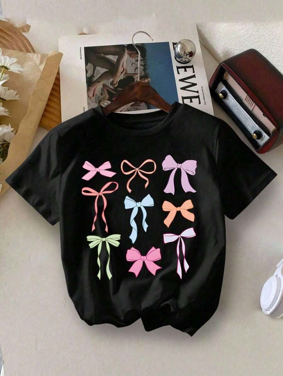 100% algodón puro, Camiseta de mujer, Estilo bohemio, Camiseta de cuello redondo con estampado de lazo para niñas, Top suave informal para primavera y verano. - Negro - Ver 1