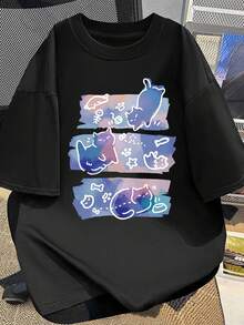 Short-Sleeved T-Shirt With Kitten Print / New Brand Of Men's Summer Casual Wear T-Shirt / Loose-Fitting Printed T-Shirt For Men, Breathable And Comfortable - 黑色 - 查看 1