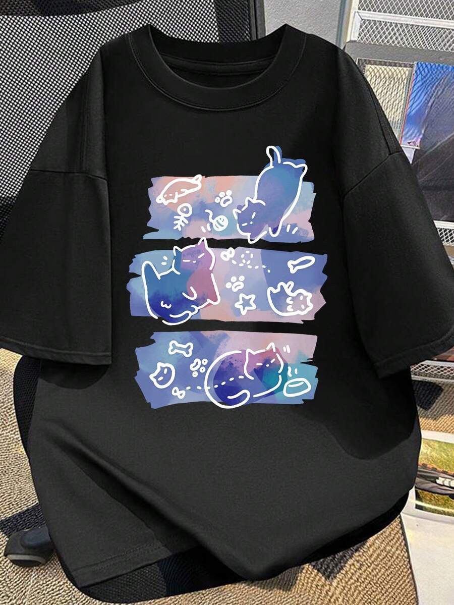 Short-Sleeved T-Shirt With Kitten Print / New Brand Of Men's Summer Casual Wear T-Shirt / Loose-Fitting Printed T-Shirt For Men, Breathable And Comfortable - 黑色 - 查看 1