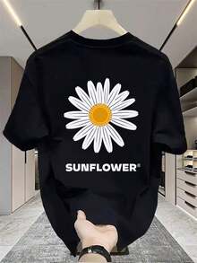 Men's Crew Neck T-Shirt, 100% Cotton. White Short-Sleeved T-Shirt For Men With A Daisy And Sunflower Print On The Front And Back. Soft And Breathable Crew Neck Blouse, Ideal For Summer. Mexican Print. - 黑色 - 查看 8