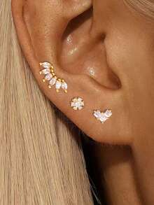 Bộ 3 khuyên tai bằng thép không gỉ mạ vàng 18K dành cho nữ, kiểu dáng hình trái tim và cánh hoa, trang sức thời trang. - 1 Vàng - 3 Cái - Xem 3