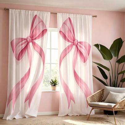2pcs Pink Bow-Themed Curtains, Featuring A Watercolor-Style Print Of Pink Ribbon Bows. With A Flat 2D Design, These Lightweight And Translucent Curtains Exude A Cute And Romantic Charm, Making Them Perfect For A Girl's Bedroom Or Living Room.