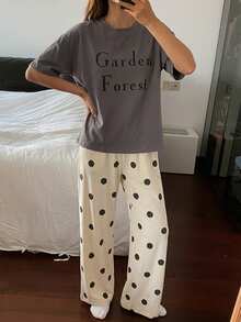 DAZY 2pcs Women Pajama Set, Short Sleeve Top And Long Pants, Soft Homewear, Spring/Summer - Grey - View 3