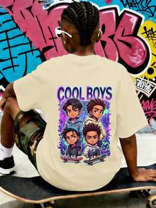 Tween Boy CoolBoy Graphic Tee, Street Style Cartoon Print Short Sleeve T-Shirt, Breathable Teenager Summer Fashion Top, Versatile For Daily Wear, Back To School, Weekend Outings - Apricot - View 5
