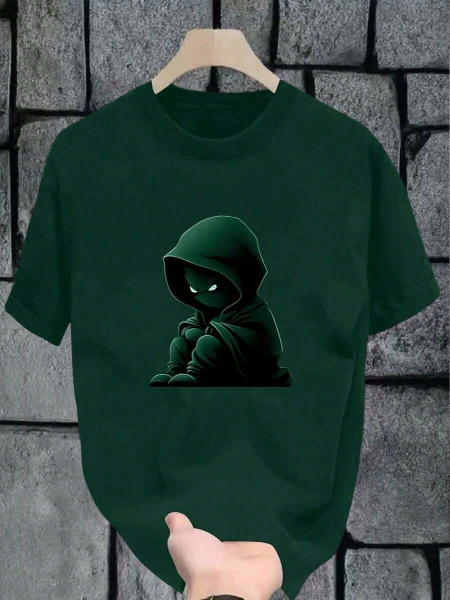 Manfinity Dauomo Men's Casual Short Sleeve Crew Neck T-Shirt With Dark Souls Graphic Print, Spring/Summer - Hijau Tentara - View 1