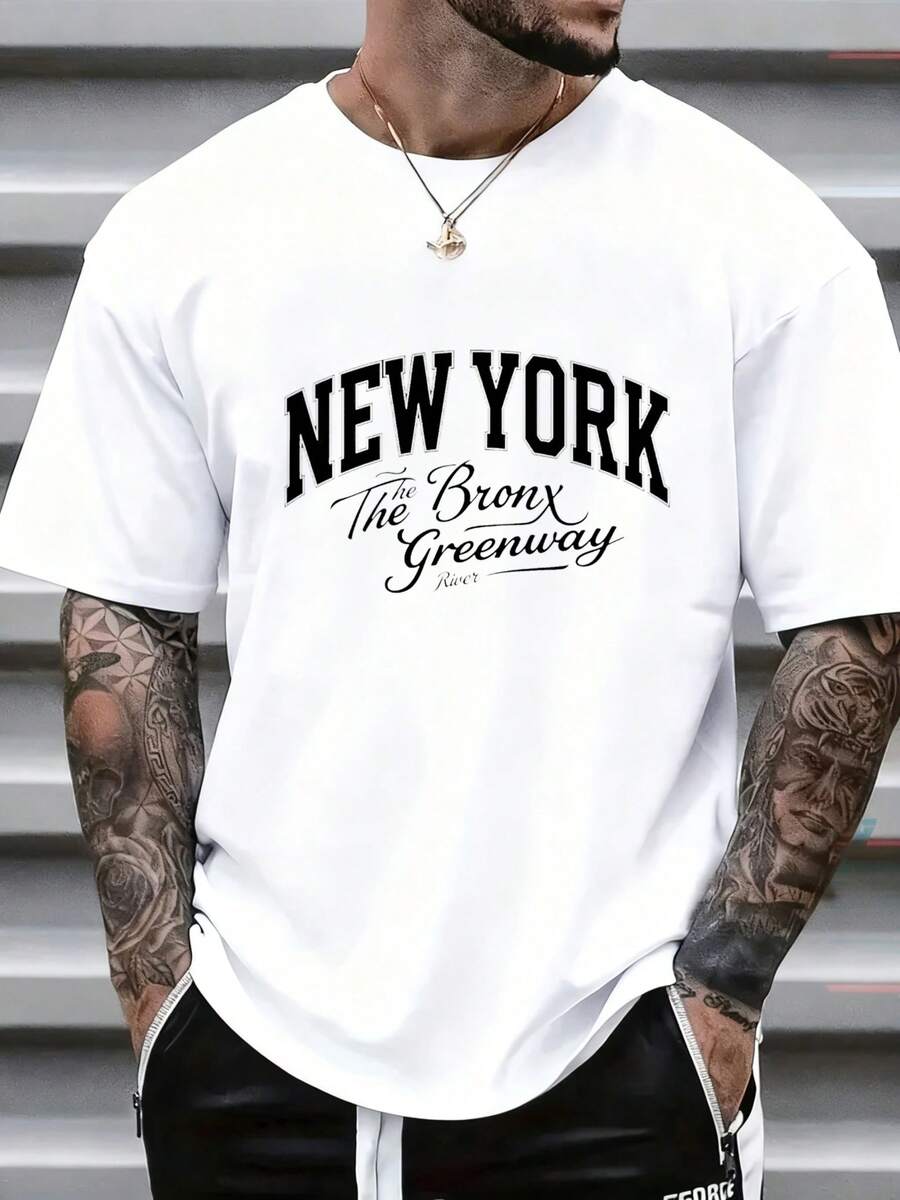 Passform: 1 Stück. 100 % Baumwolle. Herren-T-Shirt mit Rundhalsausschnitt, New York, Bronx, Greenway, für den täglichen Arbeitsweg. Hautfreundlich | Leichtes Sommertop | Modisches Top. Palmenmotiv. - Weiss - Übersicht 1