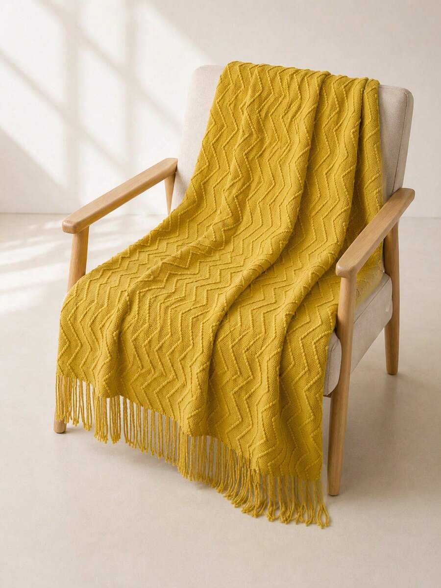 Tasseled Cozy Knit Throw Blanket - Soft & Lightweight For Sofa, Bed & Travel Use - Farmhouse Style Khaki & Cream - Yellow With Water Ripples - View 1